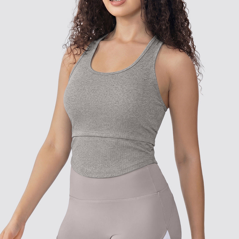 Ribbed Sport Tank Top - Arc Hem Camisole Yoga Bra with Chest Pad