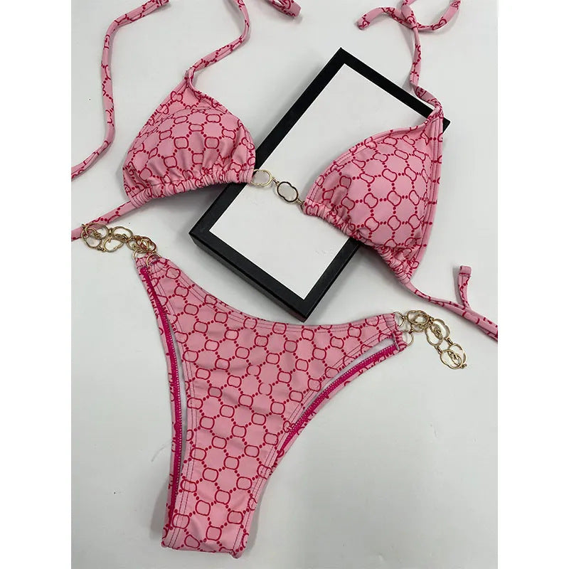 Summer Chain Bikini Set - Geometric Print with Gold Hardware