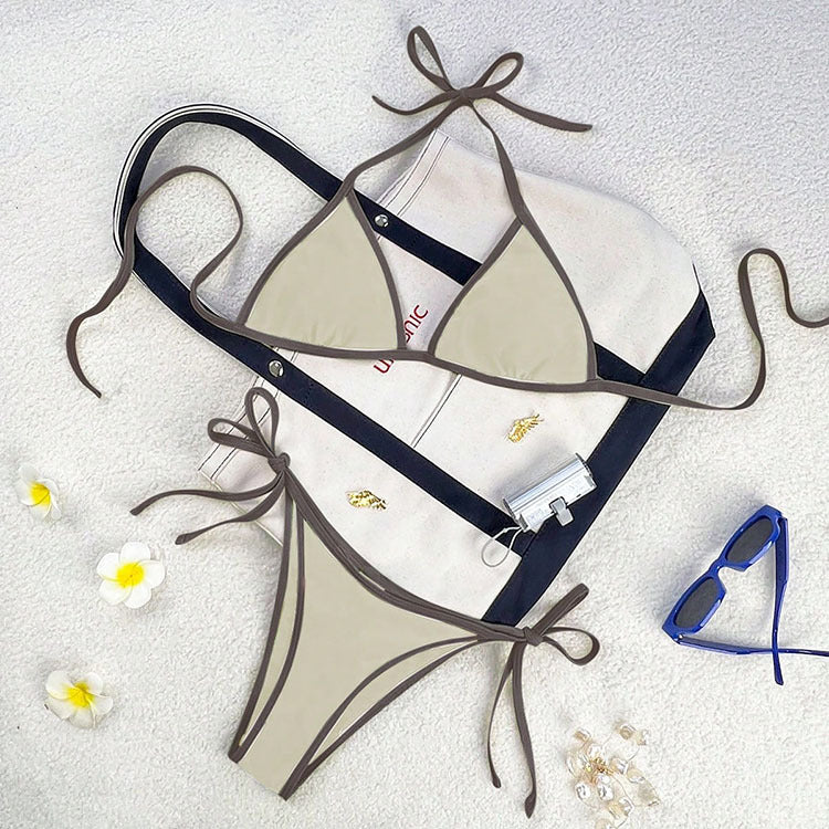Colourful Tie-Strap Bikini Set with Bold Contrast Piping