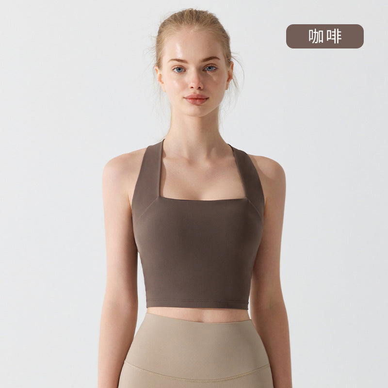 Summer Nude-Feel Antibacterial Crisscross Back Sports Bra Wide Shoulder Strap High Impact Yoga Bra