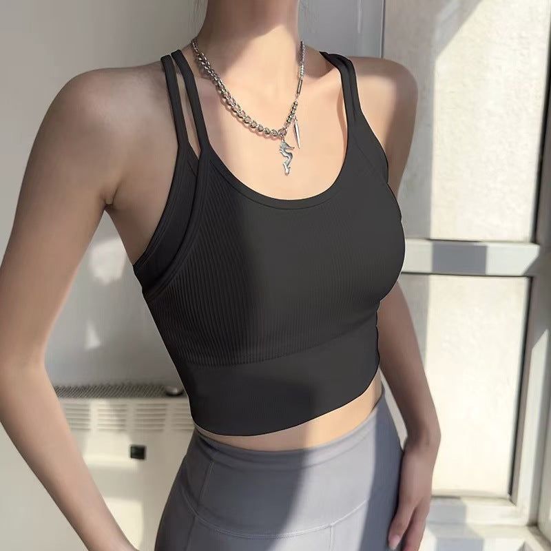 High-Intensity Sports Bra with Feather-Trim Double-Layer Straps, Anti-Shake Supportive Crop Top for Running and Yoga