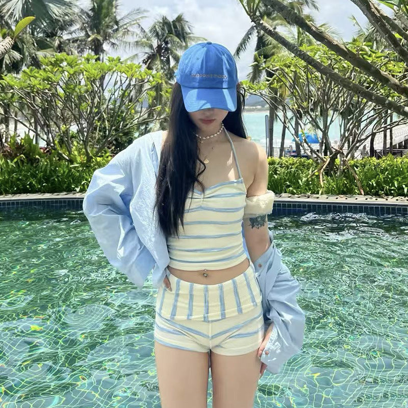 cute pure desire high-end striped halter two-piece conservative bikini