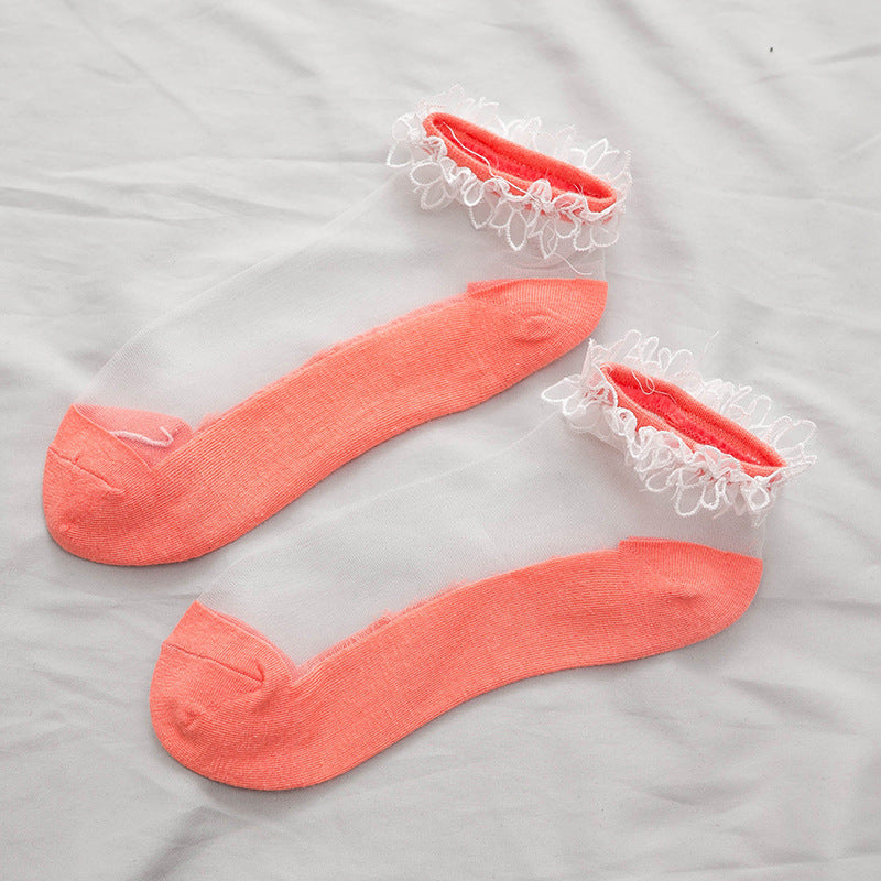 Lace Trim Sheer Ankle Socks - Cute Ruffle Cotton Socks