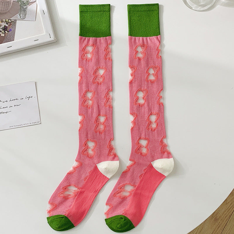 Floral Sheer Knee High Socks for Women - Navy & Pink Lace Cotton