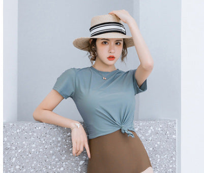 High-waisted retro two-piece bikini with short sleeves, ruched detailing & tummy control