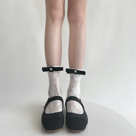 Lace Ankle Socks with Bow Detail - Cream and Black