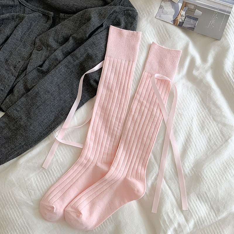 Cute Knee High Socks with Bows - Ribbed Ribbon Tie Calf Socks