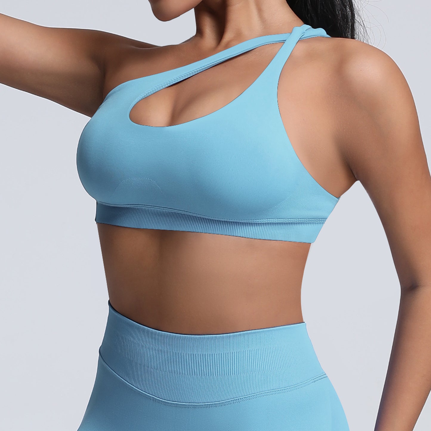 seamless matte nylon sports bra with shoulder strap and open back
