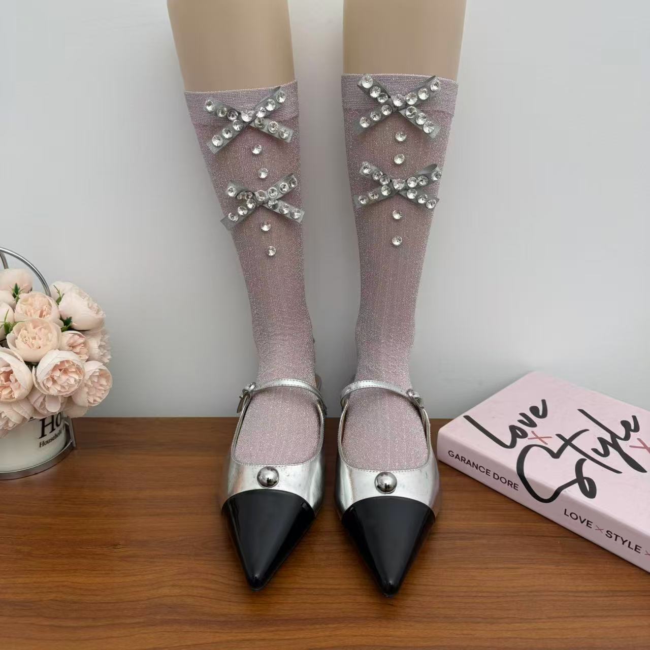Pearl Embellished Sheer Mid-Calf Socks Ballet Style Bow Detail
