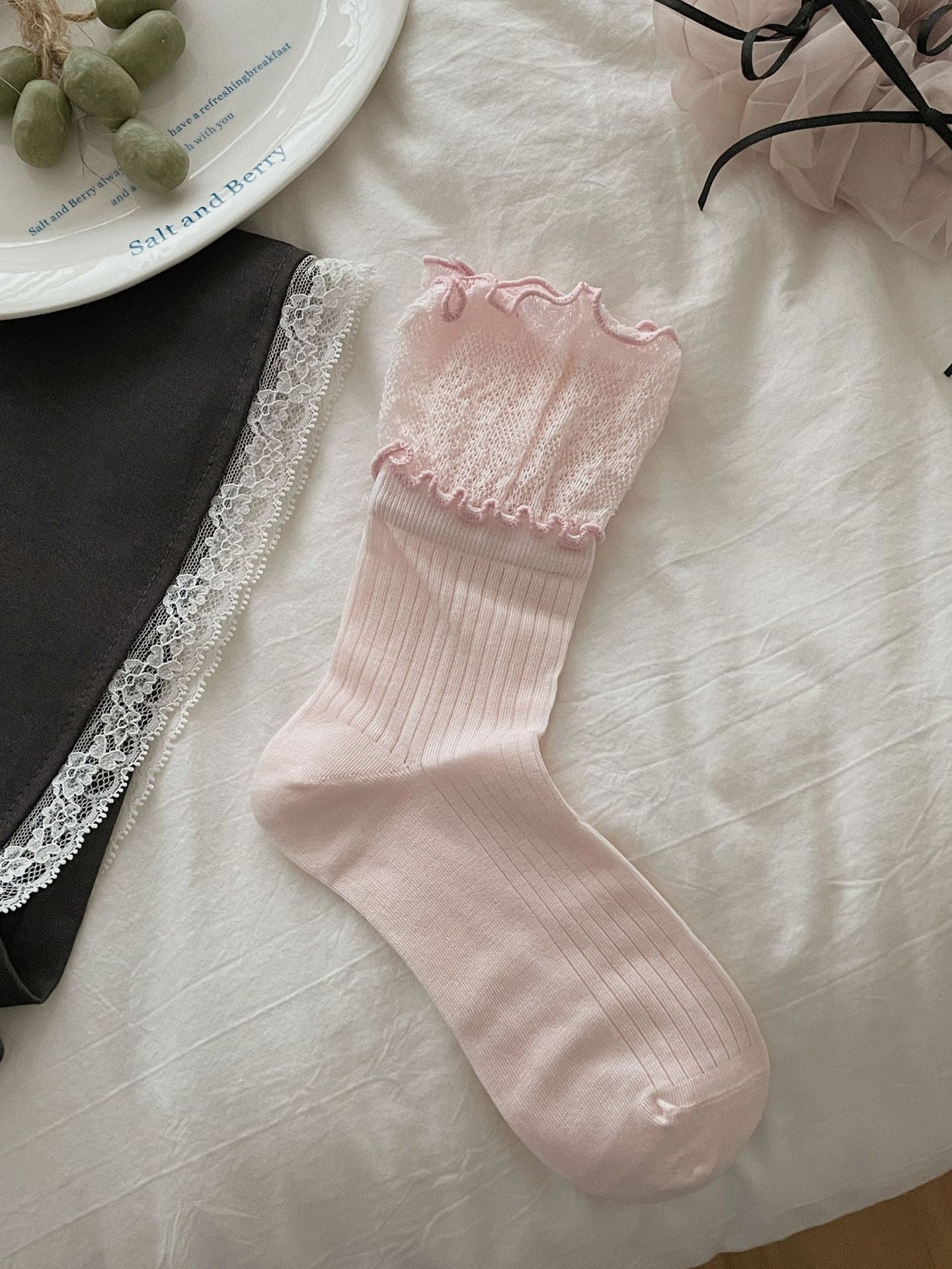 Lace Trim Ballet Style Mid Calf Socks for Women Pure Cotton