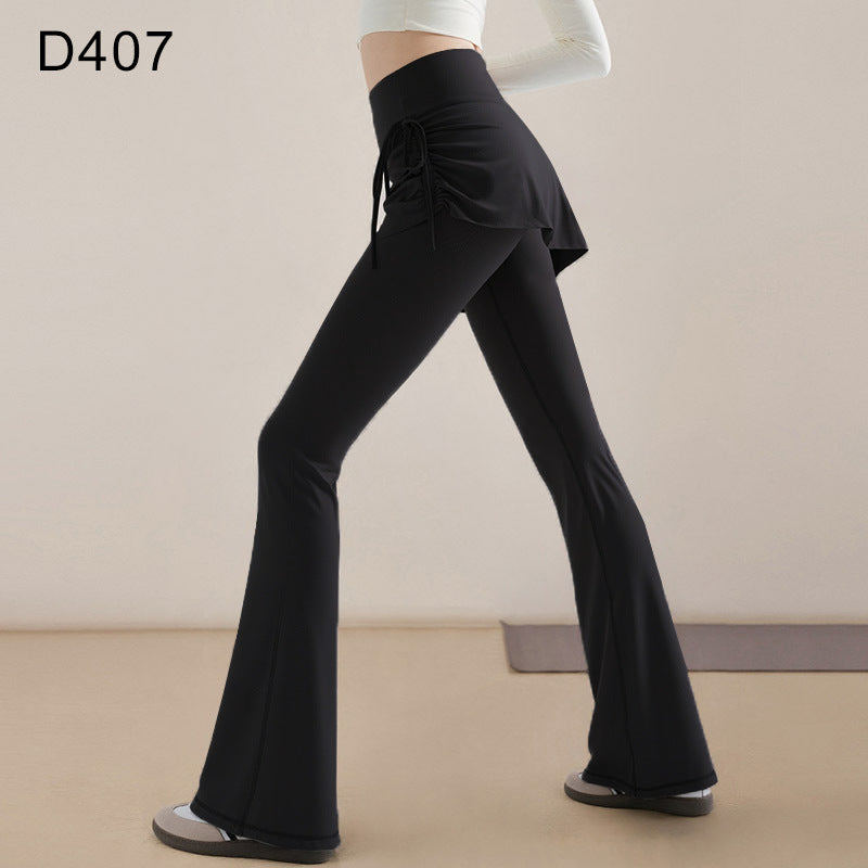High-Waist Faux Two-Piece Flare Yoga Pants Drawstring Skirt