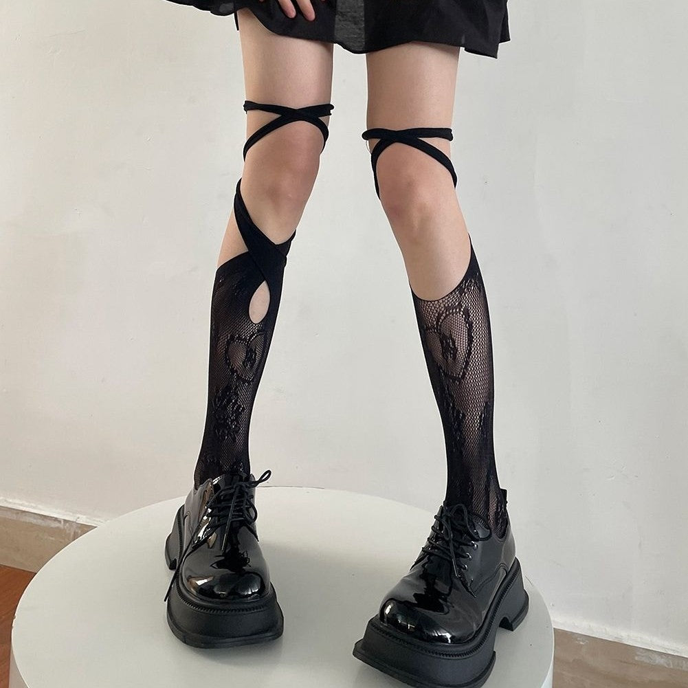 Lace Bow Mid-Calf Socks for Women - Cute Butterfly Frill Knee High Socks