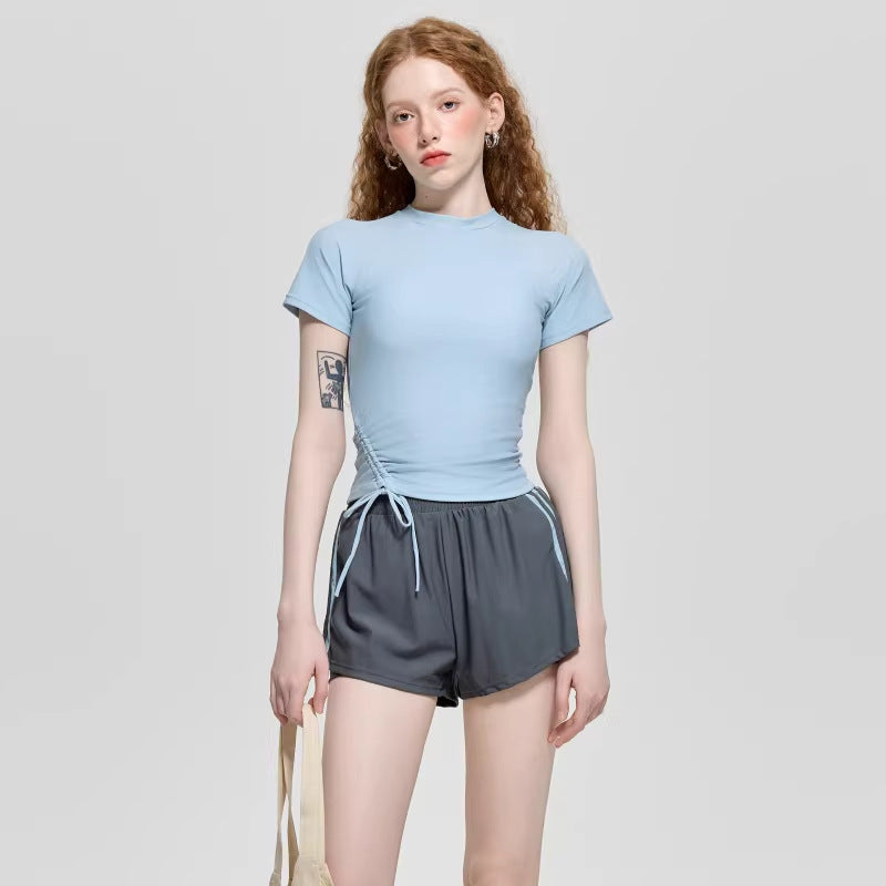 ins korean high-end polyester conservative square-neck tummy-control swimsuit light blue