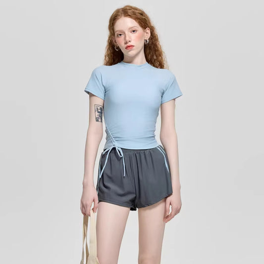 ins korean high-end polyester conservative square-neck tummy-control swimsuit light blue