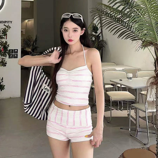 cute pure desire high-end striped halter two-piece conservative bikini