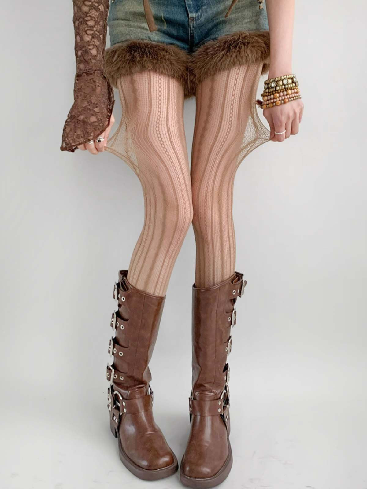 Ripped Lace Fishnet Tights Cutout Stockings Y2K Punk Style