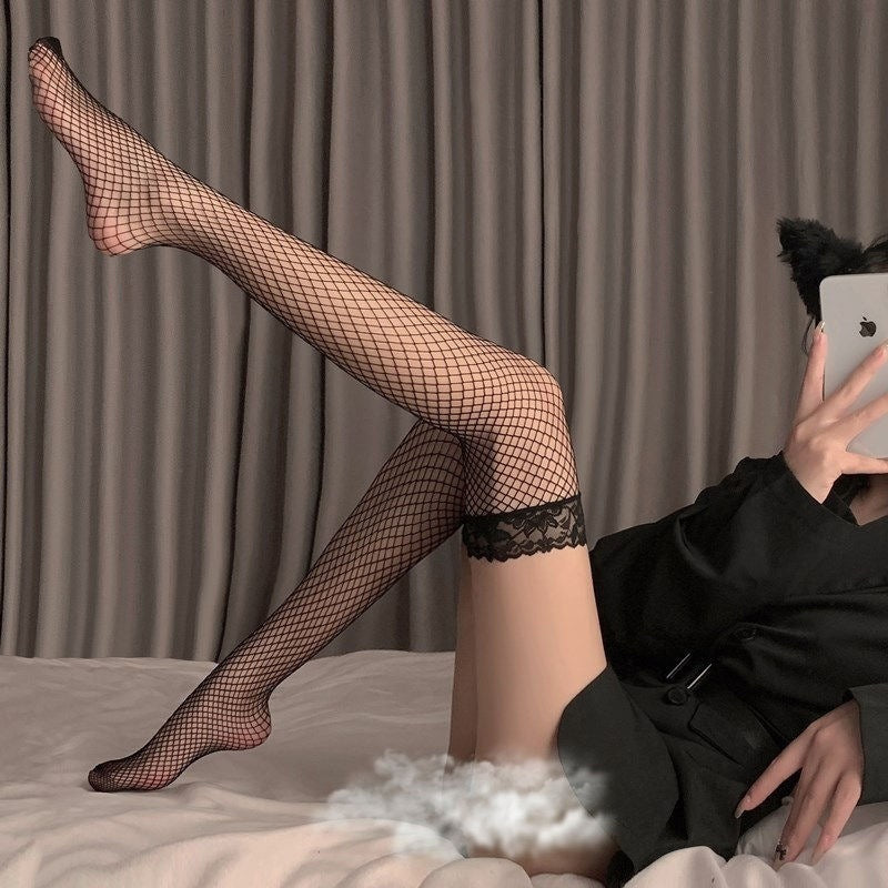 Black Lace Trim Over-Knee Fishnet Stockings