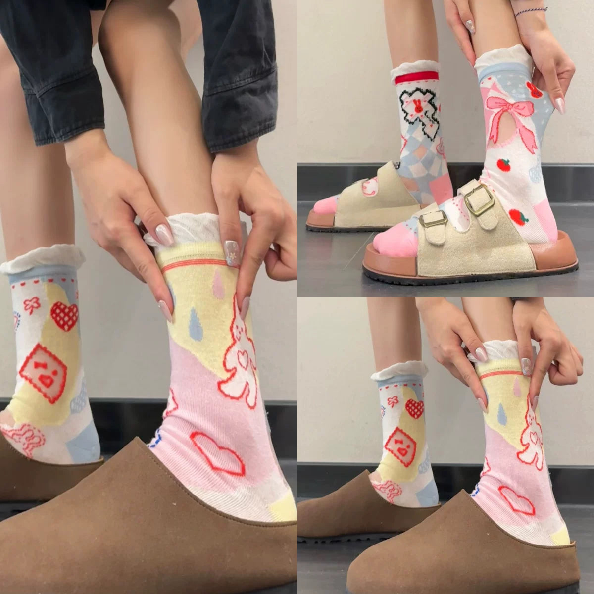 Cute Patterned Crew Socks for Women - Girly Bow Heart Bunny Designs