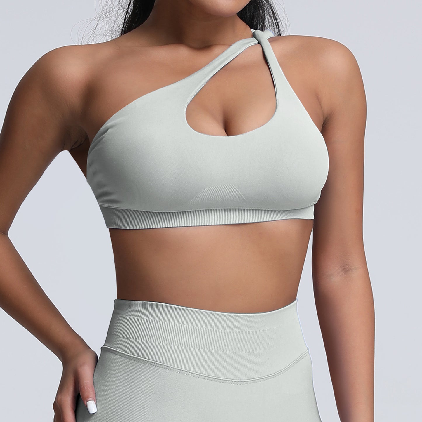 seamless matte nylon sports bra with shoulder strap and open back