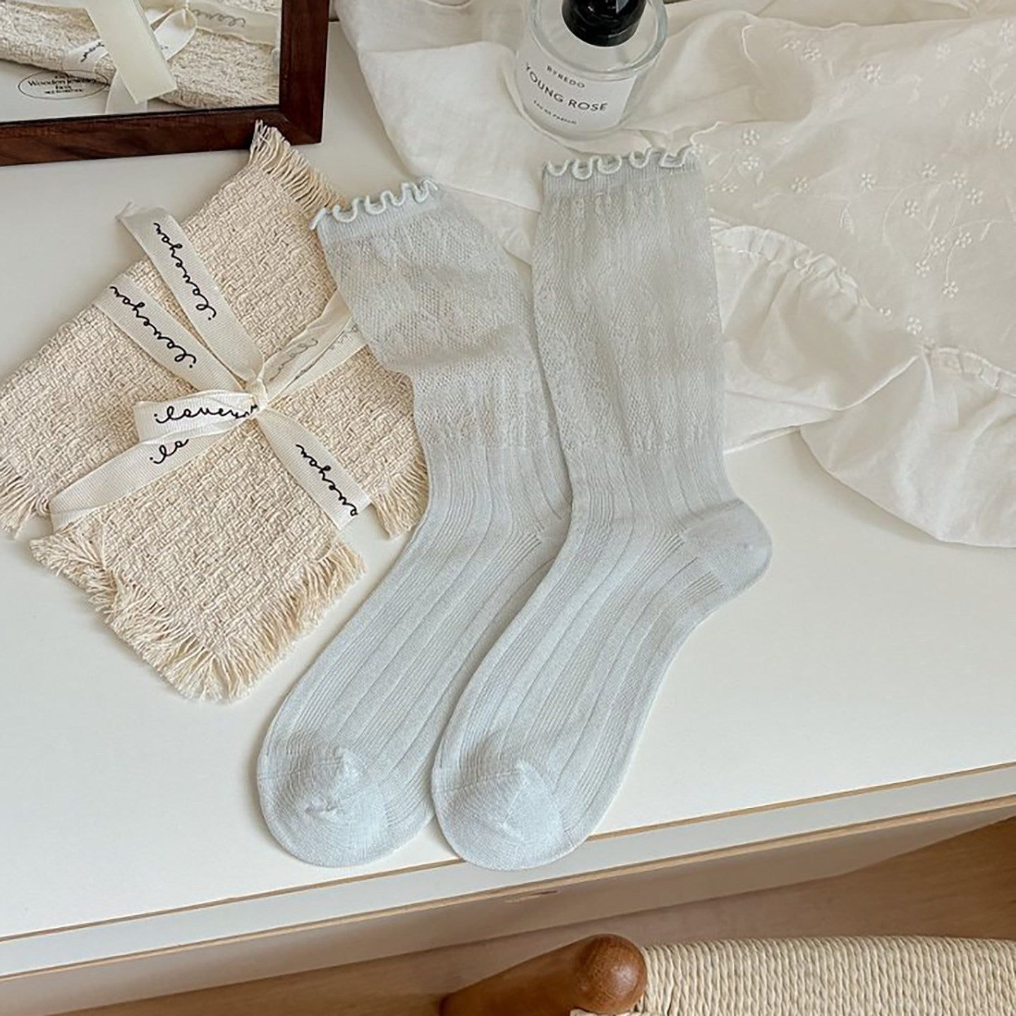 White Lace Ruffle Ankle Socks Women - Sheer Breathable Ballet Style