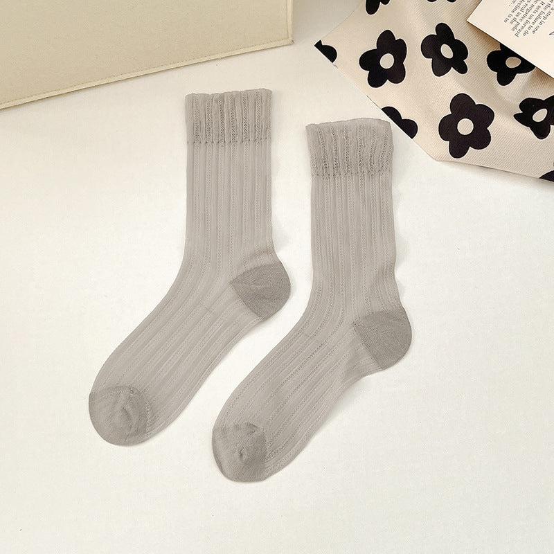 Breathable Mid Calf Sheer Socks for Women - Summer Thin Ribbed Crew Socks
