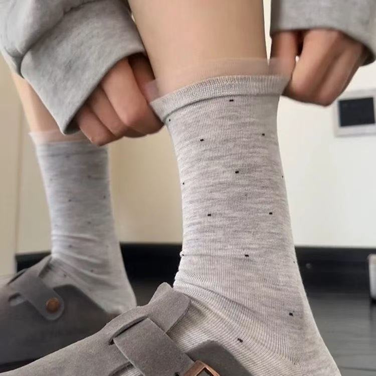 Sheer Polka Dot Lace Edge Socks Ballet Style Breathable
