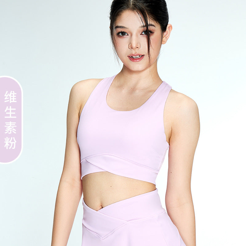 Cross-Waist High Support Yoga Sports Bra Removable Cups U-Neck Workout Lingerie