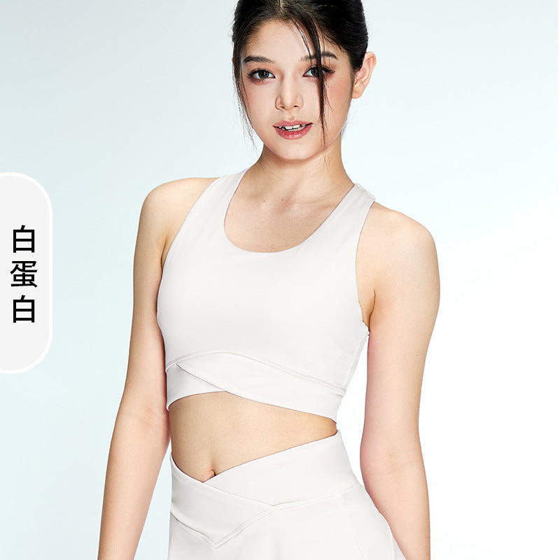 Cross-Waist High Support Yoga Sports Bra Removable Cups U-Neck Workout Lingerie