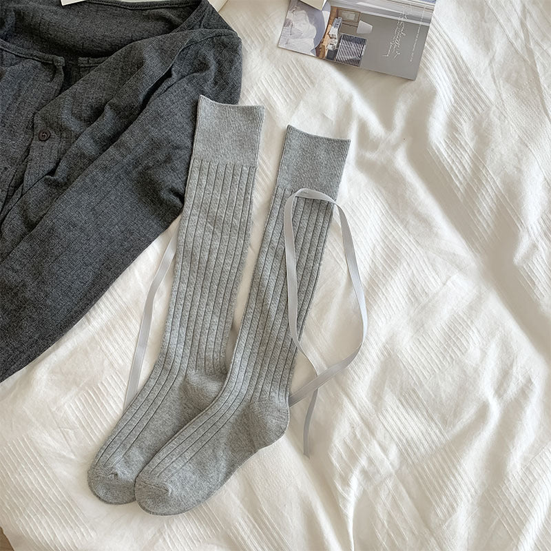 Cute Knee High Socks with Bows - Ribbed Ribbon Tie Calf Socks