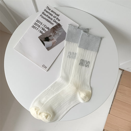 Sheer Shiny Mid Calf Socks Cream Grey Black Summer Thin Glossy