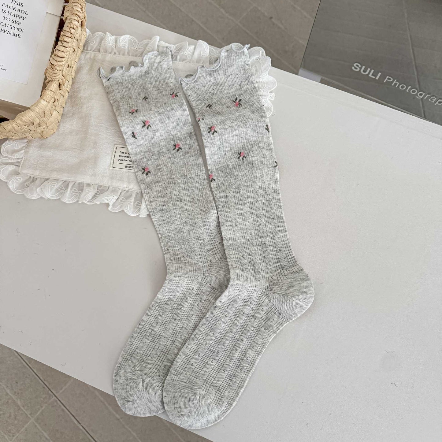 Lace Trim Floral Mesh Knee High Socks for Women