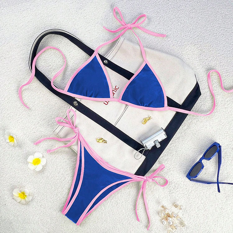 Colourful Tie-Strap Bikini Set with Bold Contrast Piping