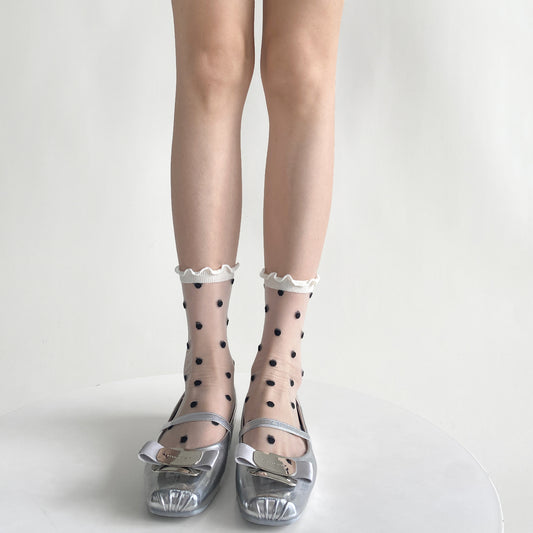 Sheer Polka Dot Ruffle Socks - Black & White Mid-Calf Stockings