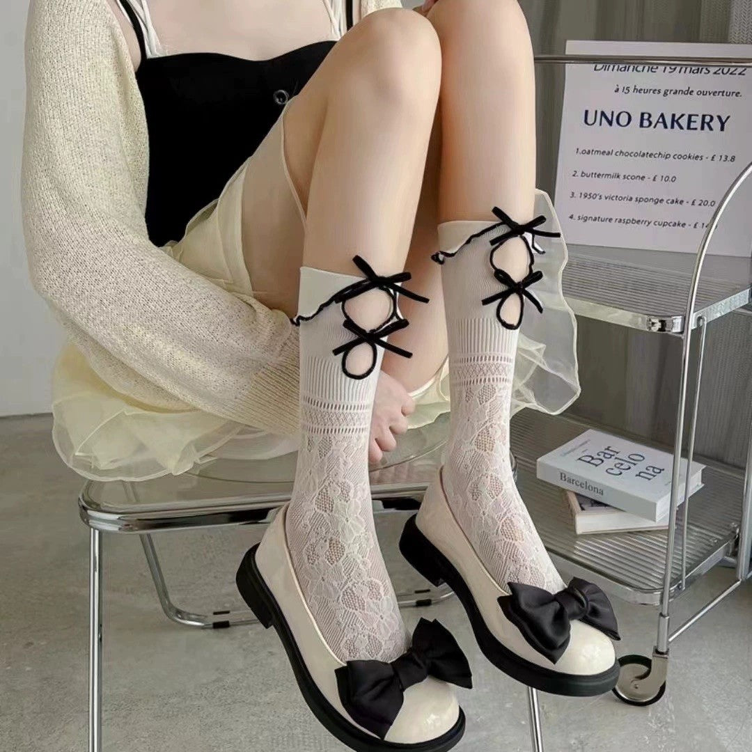 Lace Bow Mid-Calf Socks for Women - Cute Butterfly Frill Knee High Socks