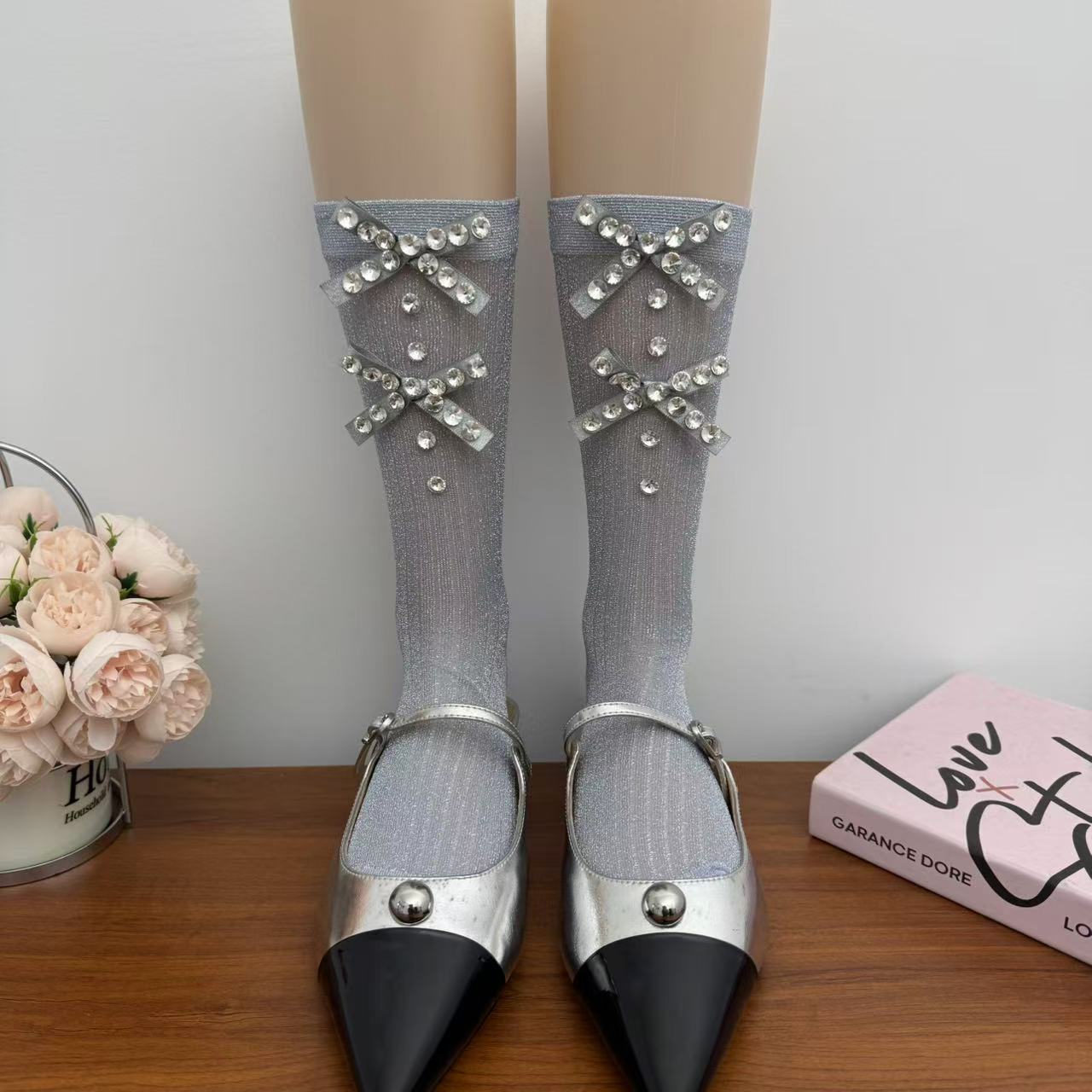 Pearl Embellished Sheer Mid-Calf Socks Ballet Style Bow Detail