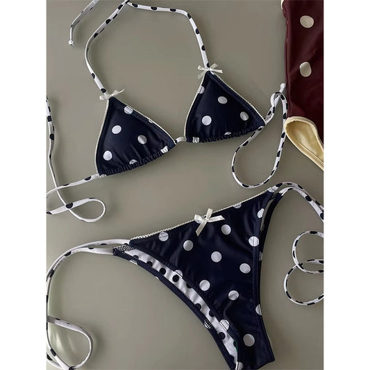 Polka Dot Triangle Bikini Set - Adjustable Tie Halter Swimwear