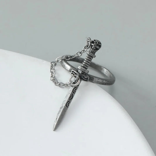 Personality Dark Style Black Cross Sword Rings for Women Vintage Creative Stainless Steel Chain Tassel Ring Hip Hop Rock Jewelry