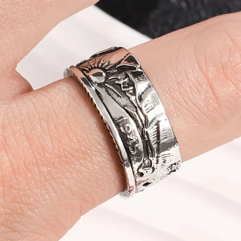 Punk Retro Style Rings for Men Personality Metal Finger Rings Make Old Silver Color Imitation of 1945 Half Dollar Design Ring