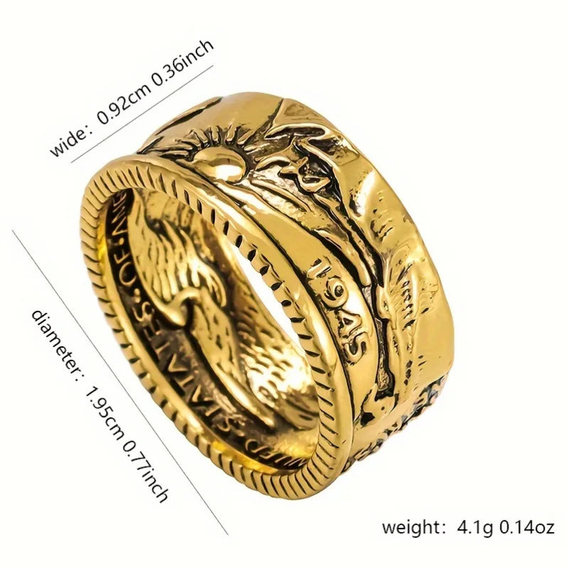Punk Retro Style Rings for Men Personality Metal Finger Rings Make Old Silver Color Imitation of 1945 Half Dollar Design Ring