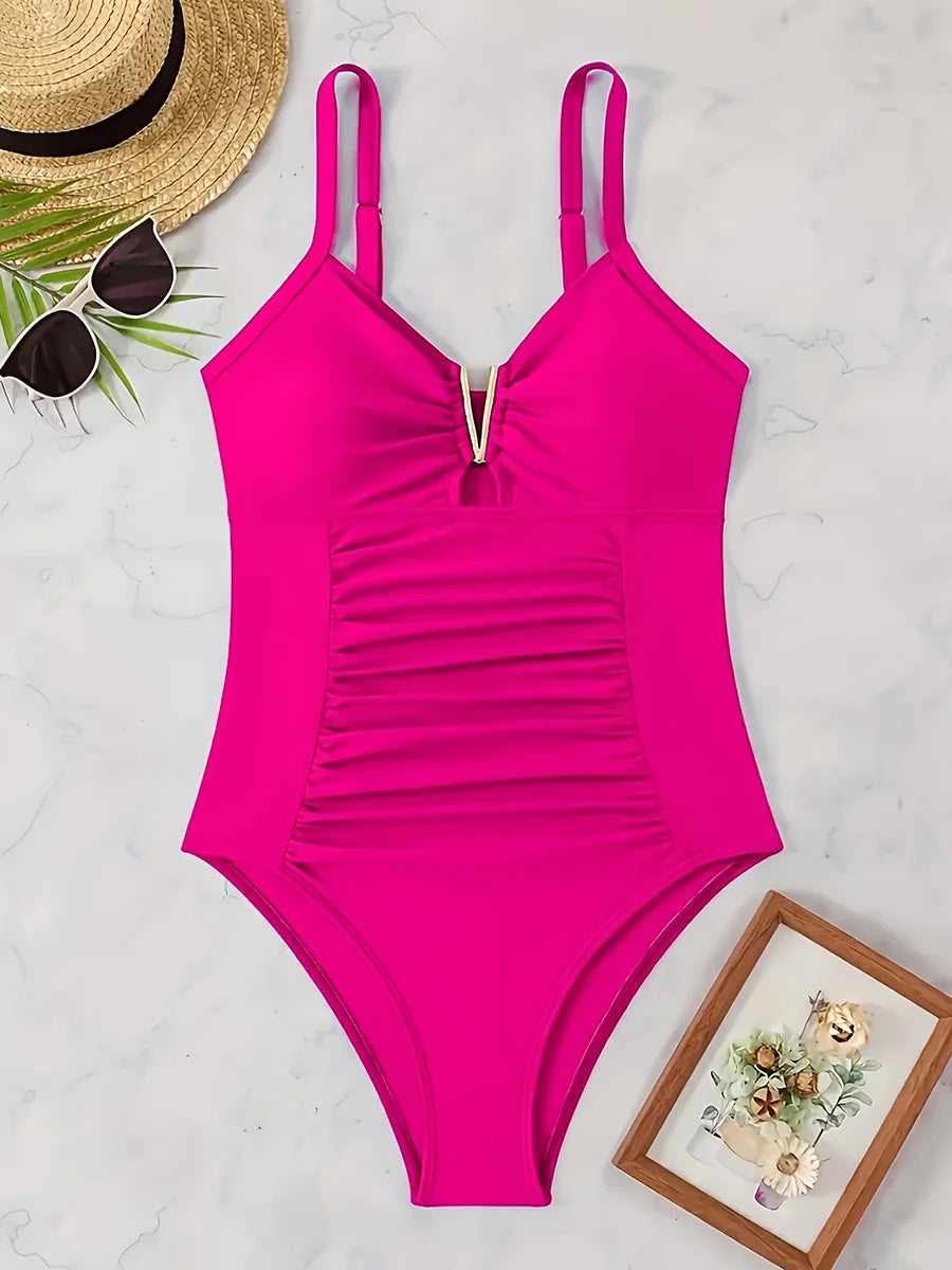 V Neck Pleated One Piece Swimsuit - High Cut Tummy Control Bathing Suit