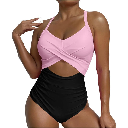 Sexy One Piece Swimsuit with Cut Out Cross Detail High Waist V-Neck Bathing Suit