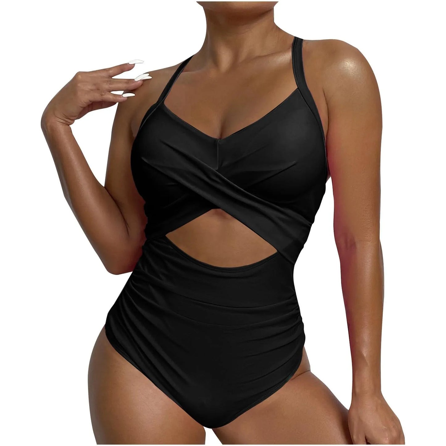 Sexy One Piece Swimsuit with Cut Out Cross Detail High Waist V-Neck Bathing Suit