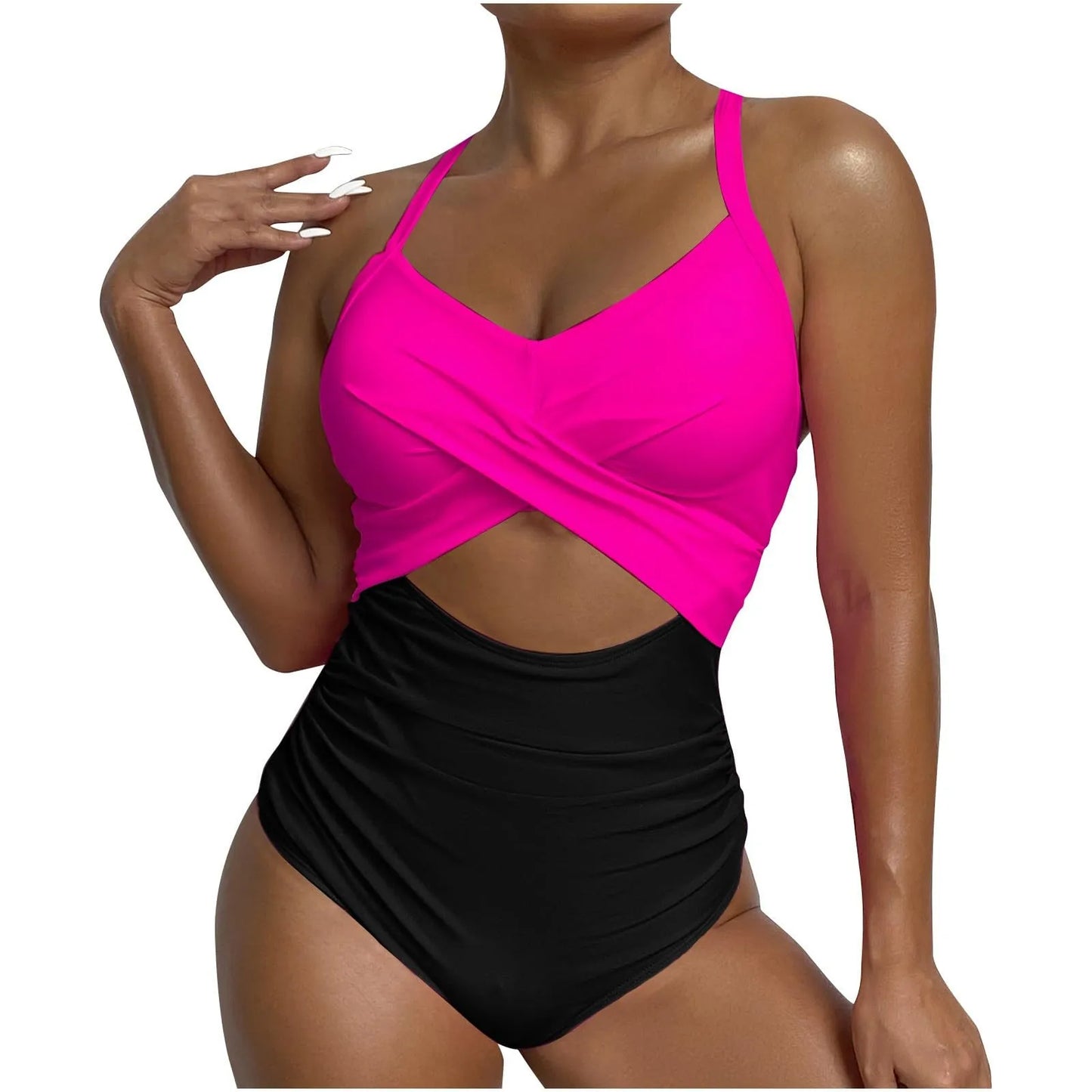 Sexy One Piece Swimsuit with Cut Out Cross Detail High Waist V-Neck Bathing Suit