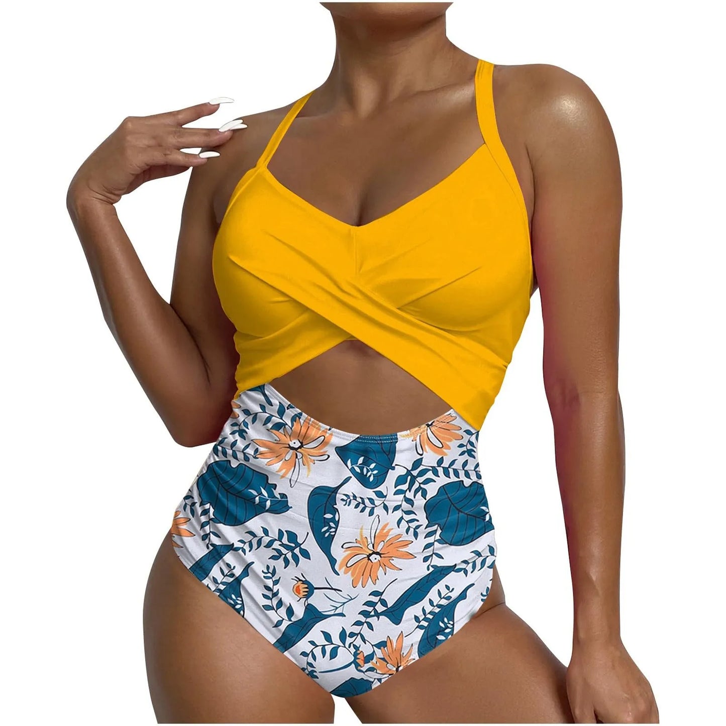 Sexy One Piece Swimsuit with Cut Out Cross Detail High Waist V-Neck Bathing Suit