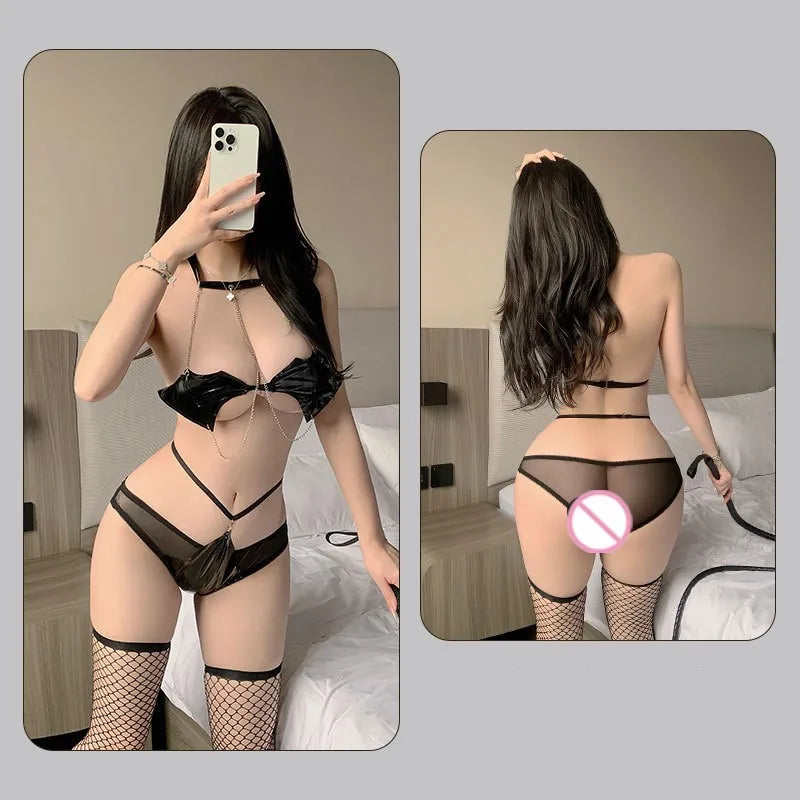 Hot Erotic Lingerie Three Point Lacquered Leather Chain Two-piece Set For Women's SM Binding Lingerie Sexy Mulher Femme Clothes