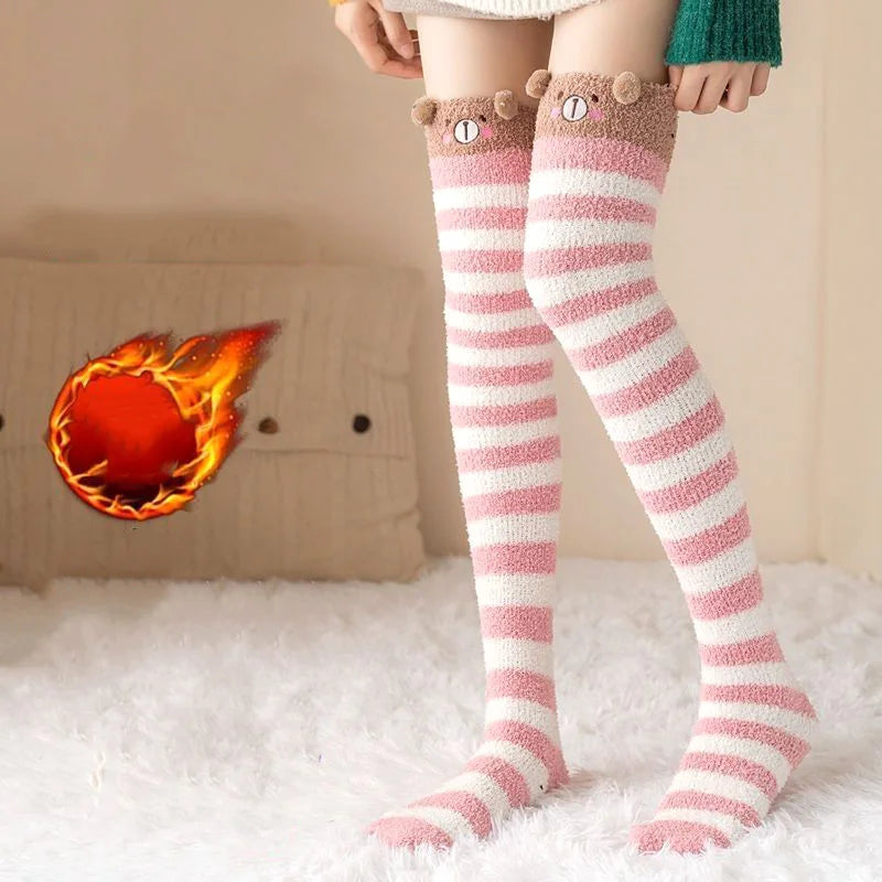 1 paire mode fille mignon hiver rayé corail velours longues chaussettes chaud genou longueur chaussettes mignon ours mouton maison serviette bas