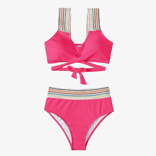 High Waisted Ribbed Bikini Set with Contrast Trim - Sexy Swimwear
