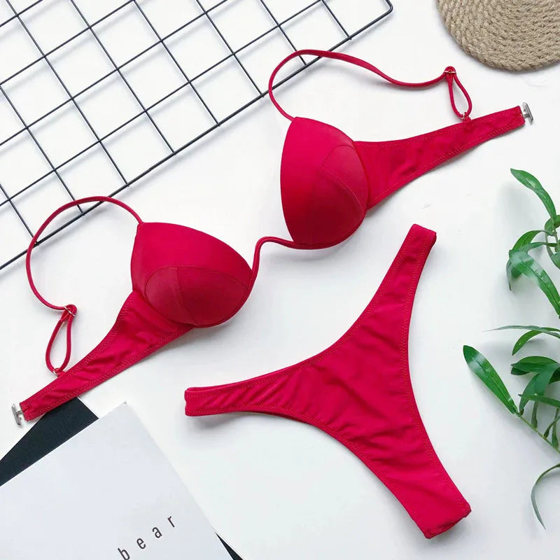Red Push Up Bikini Set - Underwire High Leg Cut Swimwear