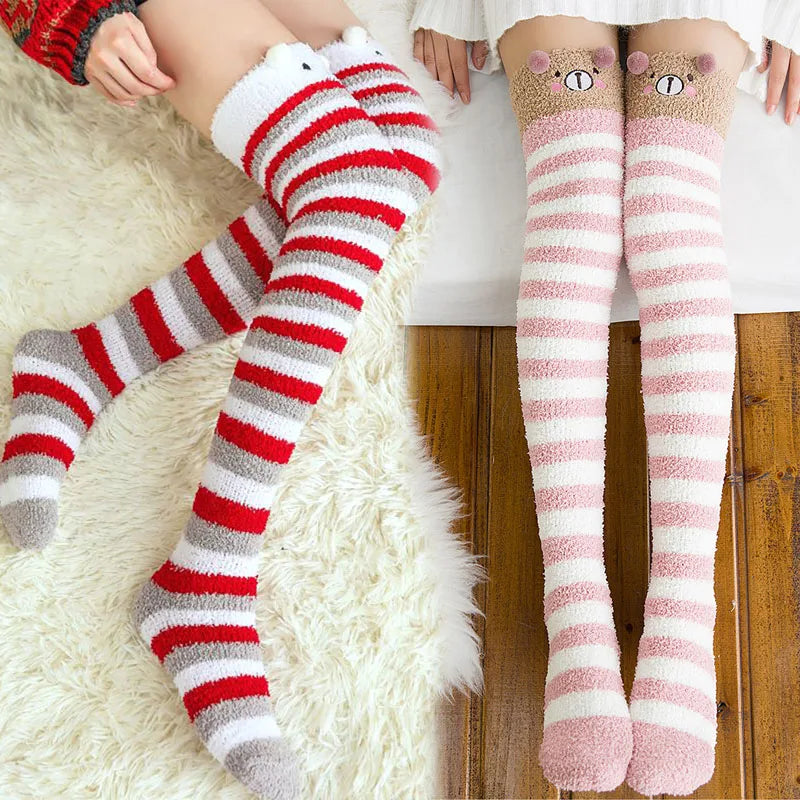 1 paire mode fille mignon hiver rayé corail velours longues chaussettes chaud genou longueur chaussettes mignon ours mouton maison serviette bas