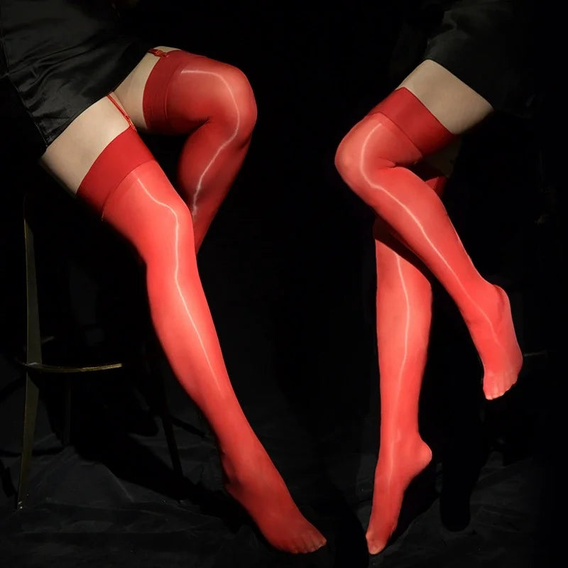 Shiny Hold Up Stockings Women - Sheer Glossy Elastic Thigh High Hosiery